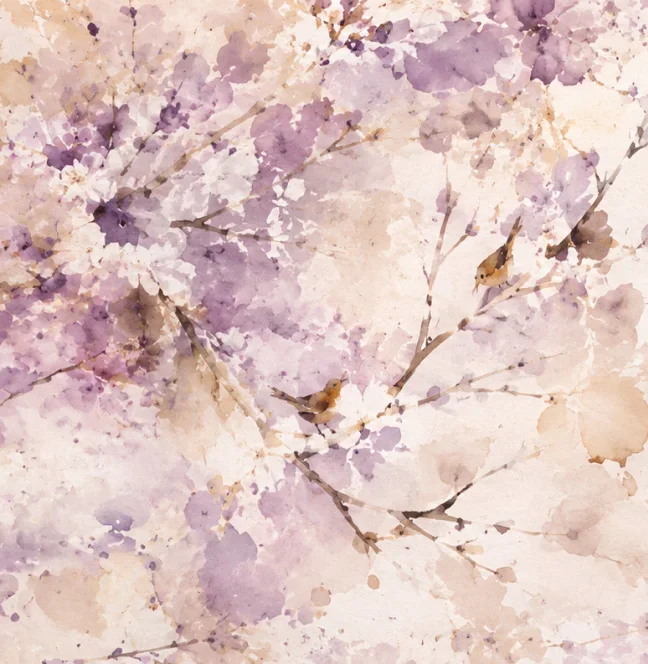 Soft watercolor cherry blossoms in purple and beige tones with delicate branches creating an abstract floral pattern - in Tampa, FL