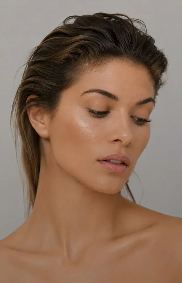 Woman with natural makeup and slicked back hair showing clear skin and bare shoulders against neutral background - Injectables in Tampa, FL
