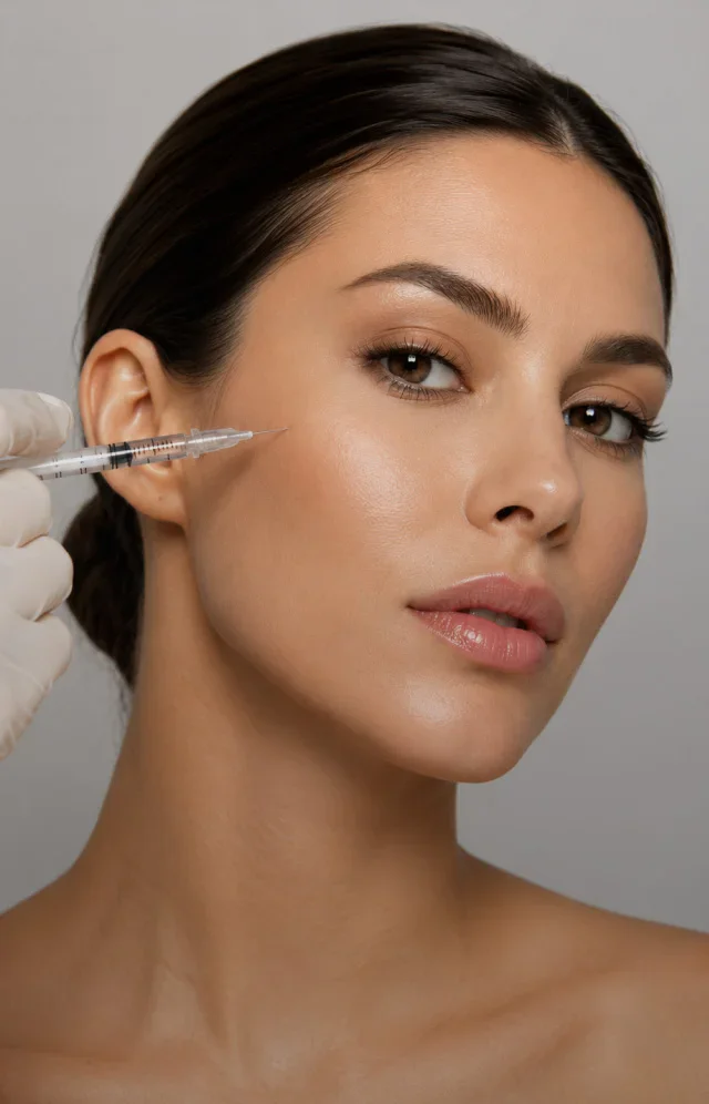 Woman receiving facial injection treatment with syringe near eye area for cosmetic enhancement procedure - Injectables in Tampa, FL