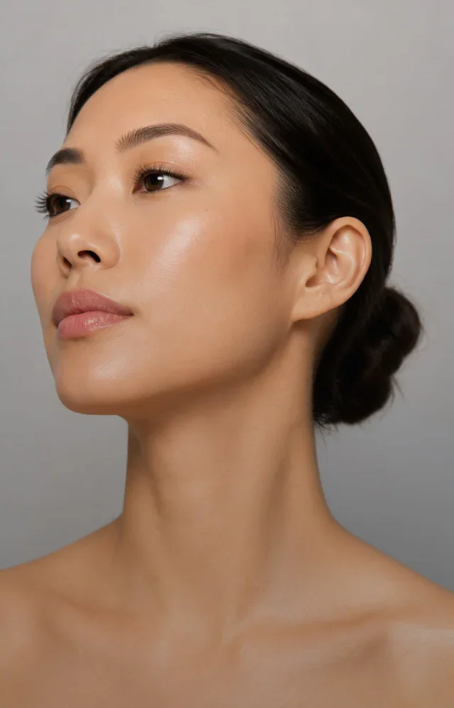 Woman with clear skin and elegant updo hairstyle shown in profile against neutral background - Injectables in Tampa, FL