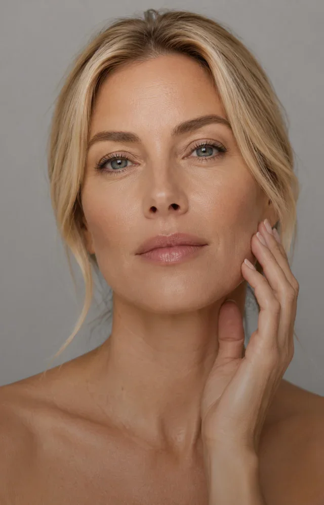 Woman with clear skin touching face showing natural beauty and skincare results on neutral background - injectables in Tampa, FL