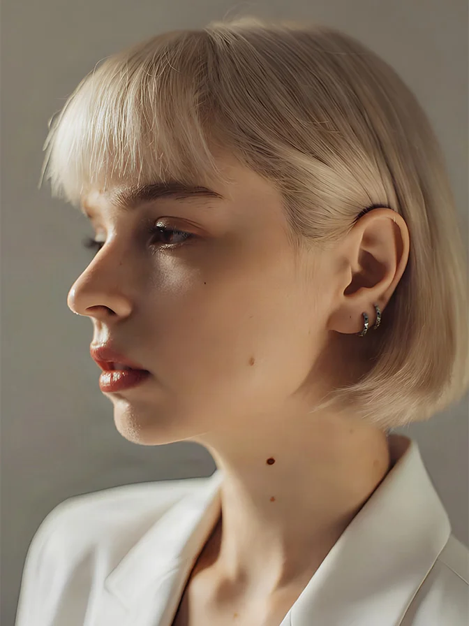Young woman with platinum blonde bob haircut and bangs in white blazer, profile view showcasing modern hairstyle - Facials in Tampa, FL