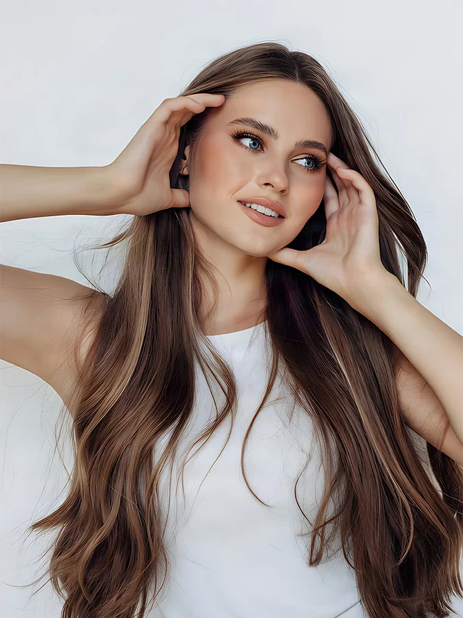 Long brown hair with highlights on woman in white top touching hair with both hands - Kybella in Tampa, FL